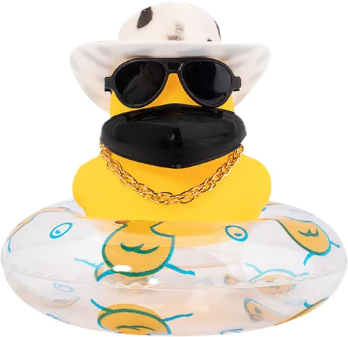 Miniatura 25 de wonuu Adornos de pato de goma para automóvil, decoración de tablero de automóvil con bonita diadema, anillo de natación, collar, gafas de sol
