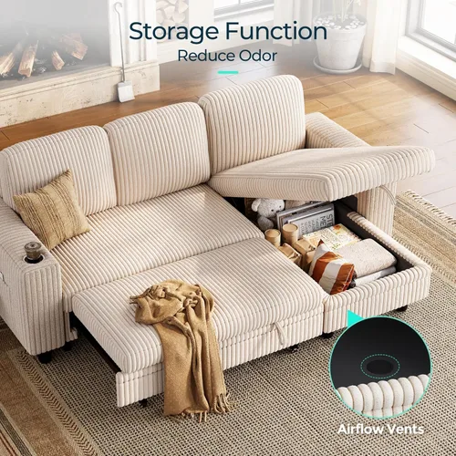 Miniatura 7 de LINSY HOME Sofá cama modular extraíble para sala de estar (beige, sofá cama 1) Sofá cama extraíble, almacenamiento, carga USB, portavasos, pana