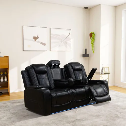 Miniatura 4 de Juego de sofá reclinable eléctrico de cuero con LED, juego de muebles de sala de estar, juego de sofá de cuero con puerto USB, consola