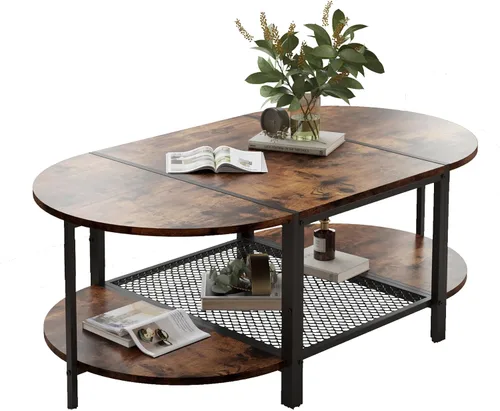 Miniatura 8 de SENIG Mesa de café de 2 niveles con estante de almacenamiento para espacios pequeños, mesa auxiliar rectangular de madera de roble gris y metal