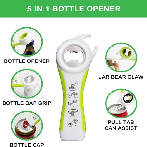 Miniatura 4 de Abridor de tarros para manos débiles, personas mayores con artritis, 5 en 1, abrebotellas multifunción, abridor de tapa para manos artríticas