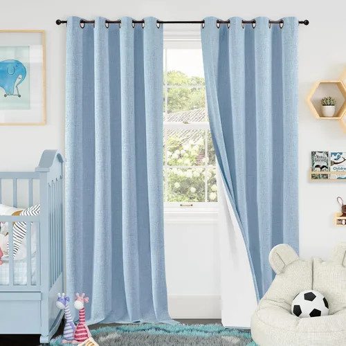 Miniatura 45 de Cortinas Opacas de Lino Azul Bebé para Guardería de 40 Pulgadas de Largo, 2 Paneles, Cortinas Cortas con Aislamiento Térmico Boho de Bloqueo Total