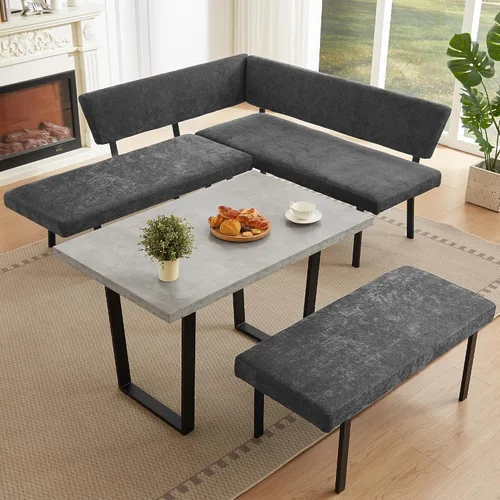 Miniatura 11 de HIPIHOM Moderno banco de comedor en forma de L, sofá esquinero tapizado de tela de 67 pulgadas con patas de metal para rincón de cocina, sala