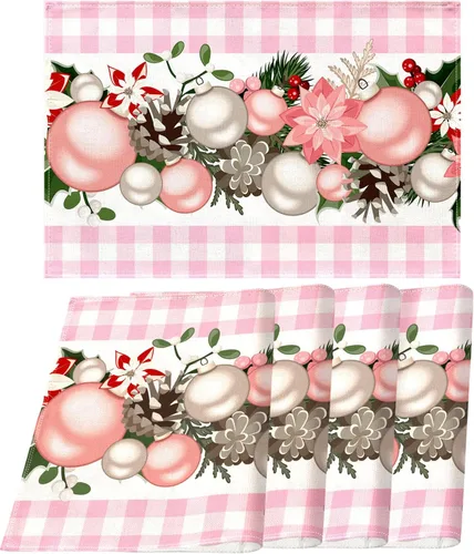 Nepnuser Juego de 4 Manteles Individuales de Navidad a Cuadros Vichy y de Búfalo Rosa y Blanco, Decoración Navideña para Hogar Cocina Mesa de Comedor