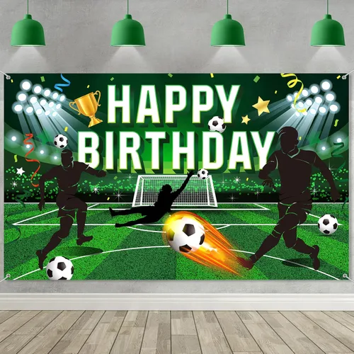 Tatuo Telón de fondo de fiesta de cumpleaños de fútbol, fondo de campo de fútbol de poliéster con letras de feliz cumpleaños, incluye cuerda blanca,
