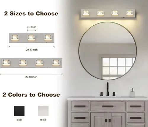 Miniatura 6 de Joossnwell Luces de baño de níquel cepillado sobre espejo (4 luces, 28 pulgadas), lámpara de tocador de cristal 5CCT regulable moderna LED