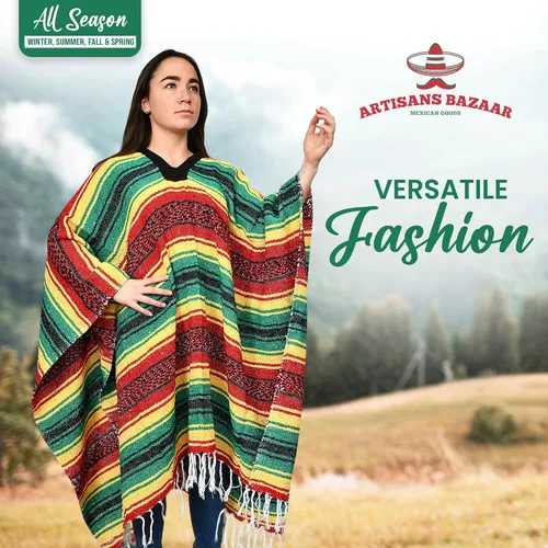 Miniatura 14 de Artisans Bazaar Poncho tradicional mexicano de Baja para hombres y mujeres, auténtico sarape de Gaban, manta de vaquero Pancho Jorongo