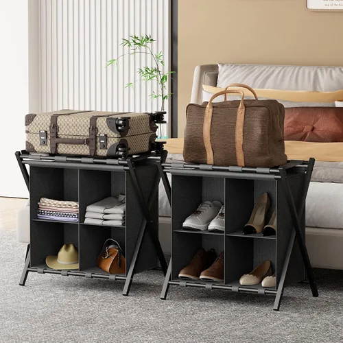 Miniatura 2 de Huhote Portaequipajes para habitación de invitados, soporte plegable para maleta con estante de almacenamiento de tela, soporte para equipaje