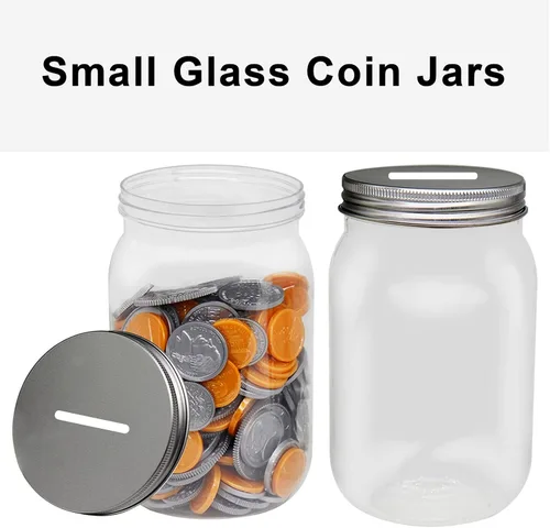 Miniatura 6 de Paquete de 4 tarros pequeños para monedas, de plástico transparente de 16 onzas, con tapas ranuradas plateadas, pequeñas alcancías de plástico