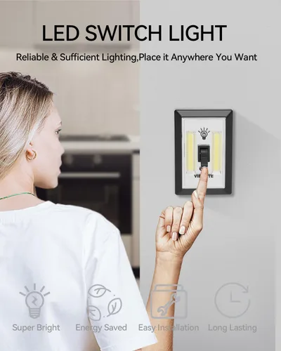Miniatura 4 de Interruptor de luz nocturna LED, 12 baterías en total incluidas, interruptor LED COB inalámbrico de 200 lúmenes, debajo del gabinete, estante, Negro