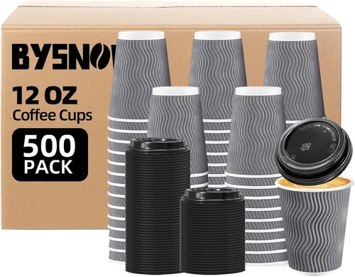 Miniatura 12 de BYSNOW Paquete de 100 tazas de café de 8 onzas con tapas, tazas de café aisladas desechables para llevar, tazas de café de papel onduladas