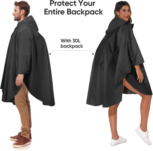 Miniatura 3 de PTEROMY Poncho de lluvia con capucha para adultos con bolsillo y cremallera, chubasquero impermeable ligero para hombres y mujeres