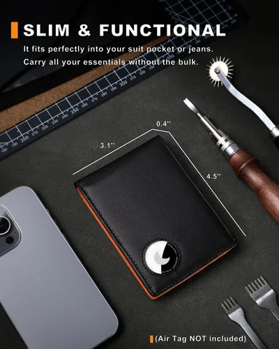 Miniatura 18 de Billetera AirTag para hombre, de piel auténtica plegable con bloqueo Rfid AirTag con ranuras para efectivo y ventana de identificación, compatible