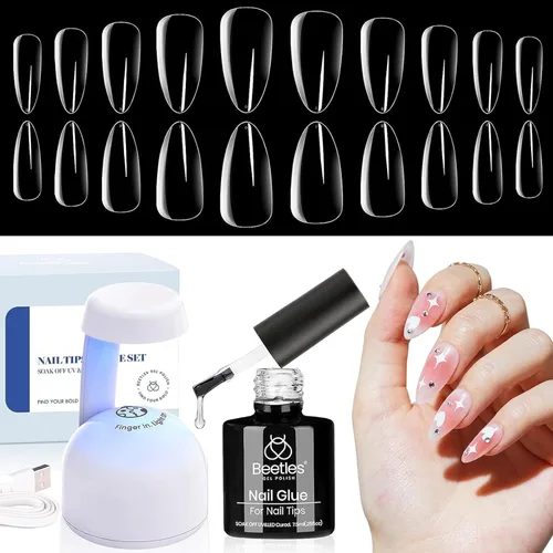 Miniatura 17 de Beetles Puntas de uñas de gel, set de extensión de uñas suaves 504 piezas, 12 tamaños, puntas de uñas cortas de almendra transparentes pre-dadas
