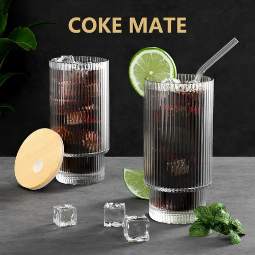 Miniatura 5 de CWHHRN Juego de 4 tazas de vidrio acanalado de 16 onzas con tapas y pajitas, cristalería vintage para whisky, cóctel, cerveza, tazas de café helado