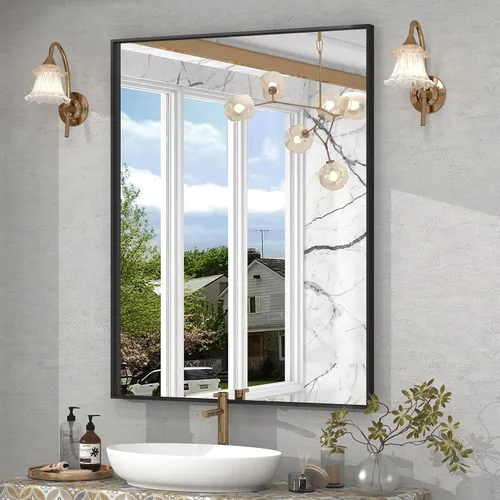 Miniatura 15 de Espejo de baño con marco de metal negro mate, espejo rectangular de tocador de 55 x 36 pulgadas, espejo de pared rectangular grande, antioxidante