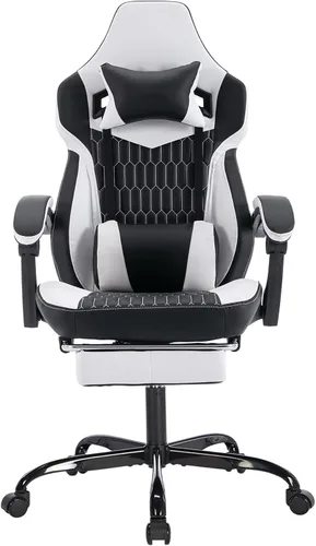 Miniatura 9 de Silla ergonómica para juegos estilo carreras, silla de jugador de respaldo alto con reposapiés, lumbar ajustable, masaje, reposabrazos de enlace