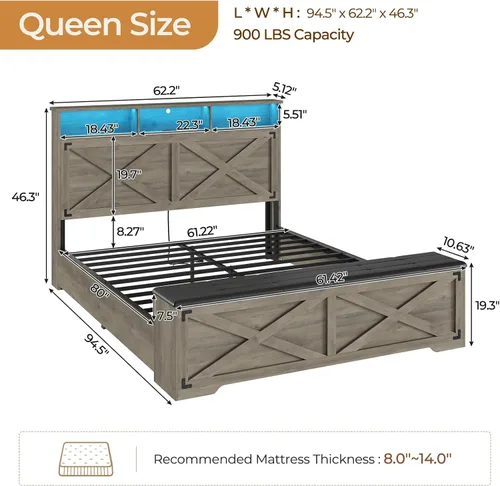 Miniatura 8 de DICTAC - Base de cama estilo granja tamaño Queen con cabecera de almacenamiento y estación de carga, base de cama de plataforma de madera