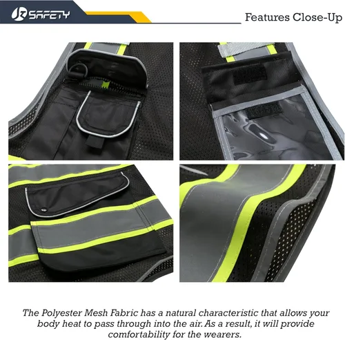 Miniatura 2 de JKSafety Chaleco de seguridad frontal de malla con 9 bolsillos en negro de alta visibilidad Negro con tiras reflectantes de doble tono Cumple