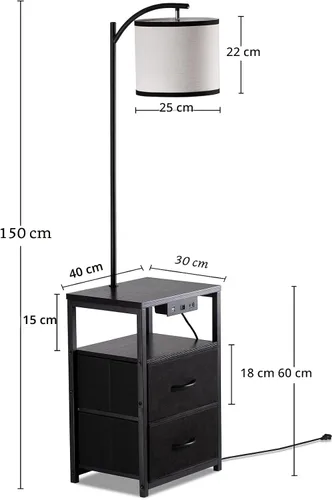 Miniatura 6 de SUNMORY Lámpara de pie con mesa y 2 cajones, lámpara con puerto USB y toma de corriente, lámparas para mesita de noche con bombilla LED de 3 Negro