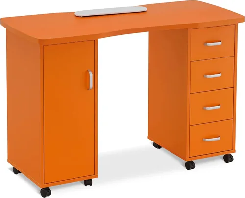 Miniatura 10 de BarberPub Mesa de manicura, escritorio de uñas resistente a la acetona, mesa de uñas con 4 cajones, 2 gabinetes, ruedas bloqueables, almohadilla
