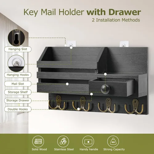 Miniatura 3 de Soporte para llaves de pared, organizador de correo adhesivo de madera y llaves con cajón, estante pequeño, 8 ganchos, 2 métodos de instalación