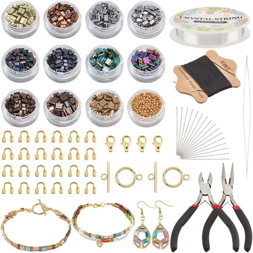 Miniatura 9 de NBEADS 455 cuentas de 2 tamaños de 2 agujeros, cuentas de semillas de vidrio rectangulares de 7 colores para hacer joyas, kit de bricolaje