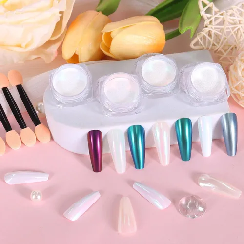 Miniatura 6 de Polvo de uñas cromado de 4 colores, espejo metálico, efecto brillantina, pigmento iridiscente aurora, polvo de perlas de sirena, kit de polvo