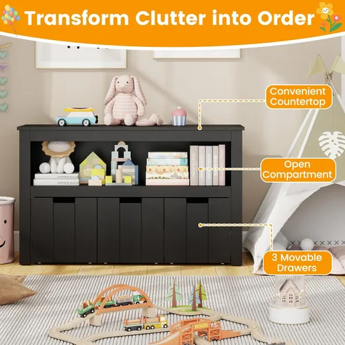 Miniatura 4 de HONEY JOY Organizador de almacenamiento de juguetes para niños, estante de guardería para niños, 3 cajas de juguetes de madera con ruedas, armario