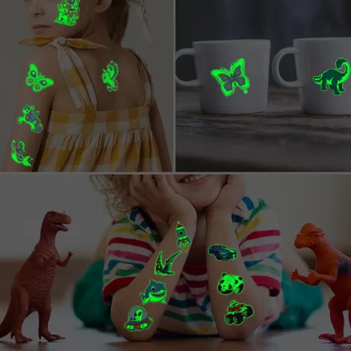 Miniatura 5 de CHARLENT 300 estilos de tatuajes que brillan en la oscuridad para niños, 36 hojas de estilos mixtos, tatuajes temporales luminosos para niños