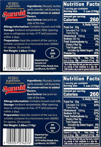 Miniatura 2 de Sanniti Mejillones en mantequilla de ajo, 3.9 onzas Mariscos estilo escandinavo Caliente y servir Producto de Dinamarca Fuente natural