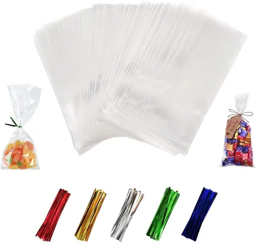 Miniatura 8 de 100 bolsas de celofán de 8 x 10 pulgadas, bolsas transparentes para golosinas con lazos giratorios de 4 pulgadas, bolsas de plástico