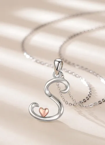 Miniatura 2 de CELESTIA Collares con iniciales de plata de ley 925, 26 letras con corazón de oro rosa, cadena de 18 pulgadas