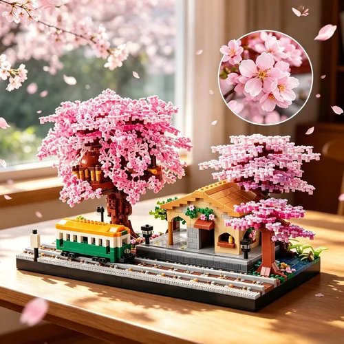Miniatura 9 de Juego de construcción de árbol de cerezo japonés, mini micro bloques para adultos, flores, casa, bonsái, árbol, kit de construcción, ideas