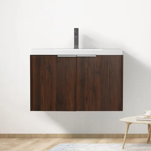 Miniatura 17 de Juego de tocador de baño flotante de 22 pulgadas con lavabo, moderno tocador de baño montado en la pared con lavabo de cerámica y puerta de cierre