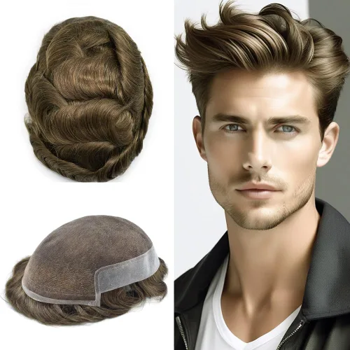 Miniatura 80 de Sistema de repuesto de cabello humano europeo con encaje frontal suizo para hombre, tupé para hombre, pieza de cabello, nudo blanqueado, línea #17