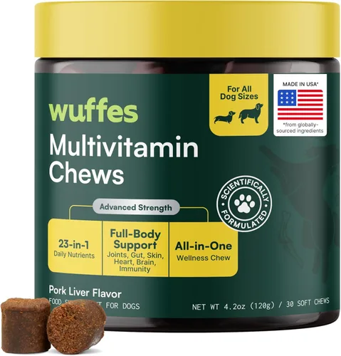 Wuffes Suplemento multivitamínico para perros 23 en 1 para cadera y articulaciones, piel, pelaje y apoyo del sistema inmunológico con Omega 3,