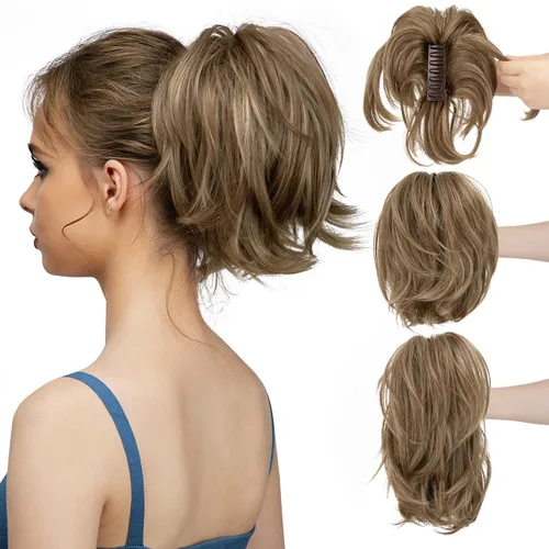 Miniatura 29 de CJL HAIR - Extensiones de cabello con pinza de garra para cola de caballo corta, trenza desordenada, sintéticas, maleables, para mujeres, cabello
