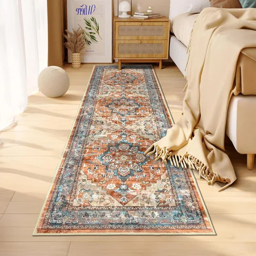 Miniatura 4 de Bsmathom Alfombra de pasillo para pasillos, antideslizante, lavable, estilo bohemio, 2 x 6 pies, alfombra de pelo bajo, alfombra vintage para Rojo