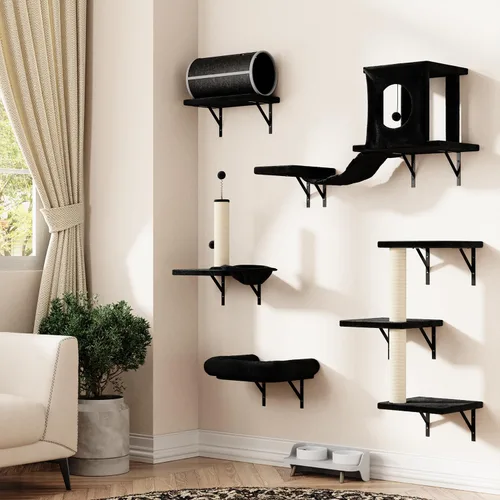 Miniatura 17 de NUNU LAB Juego de muebles para gatos montados en la pared, juego de 6 piezas para escalar con casa, puente, escalones, tabla rascadora - Paredes