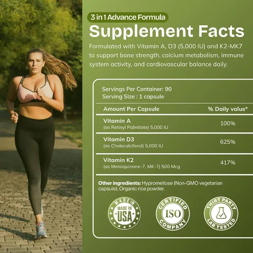 Miniatura 3 de Daily Vites, Suplemento vitamínico ADK de 5000 UI – 180 cápsulas – Vitamina A, D3 y K2-MK7 de alta potencia – Formulado por médicos para apoyo óseo