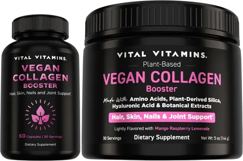 Vital Vitamins Cápsulas potenciadoras de colágeno vegano + polvo de refuerzo de colágeno vegano