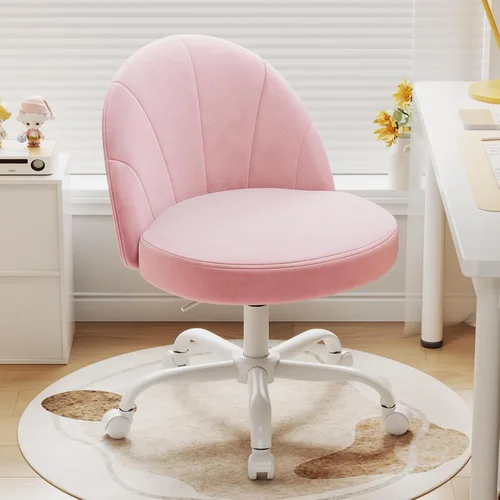 Miniatura 14 de Silla de tocador de terciopelo con ruedas, silla giratoria de maquillaje de altura ajustable, silla de escritorio pequeña sin brazos para Blanco-2