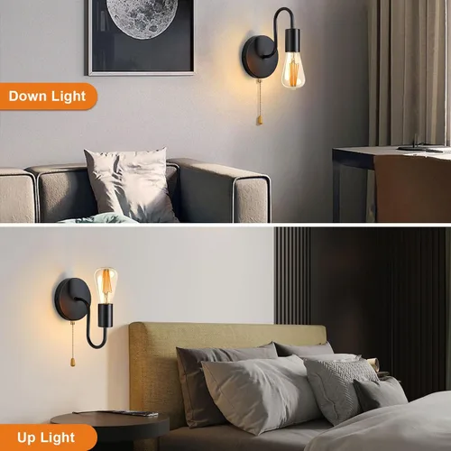 Miniatura 4 de Aplique de Pared Negro con Cadena de Tirar con Interruptor Luces de Pared Vintage E26 Lámpara de Pared Industrial Iluminación de Pared Retro
