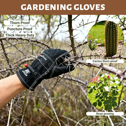 Miniatura 6 de Guantes de trabajo de cuero de vaca para hombres, resistentes para jardinería, patio, paisajismo, soldadura, mecánica, construcción, campamento