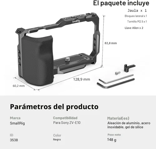 Miniatura 9 de SMALLRIG ZV-E10 Jaula con mango de silicona y agujeros roscados incorporados, zapata fría y placa de liberación rápida para Sony ZV-E10