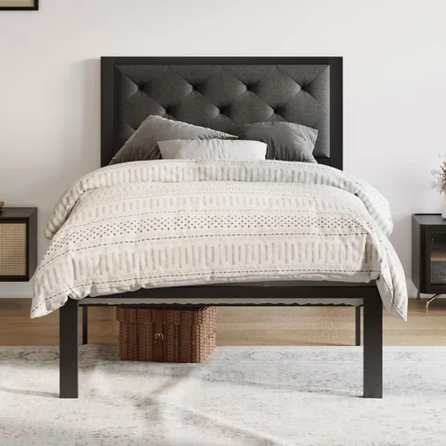 Miniatura 14 de Allewie Base de cama individual con cabecera tapizada de piel sintética, diseño elegante con costuras de diamante, no necesita somier, color negro