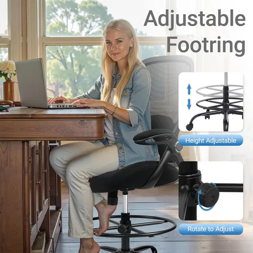 Miniatura 8 de HYLONE Silla de dibujo grande y alta de 400 libras, asiento grueso de 5 pulgadas, silla de oficina alta, reposabrazos abatibles, silla ergonómica