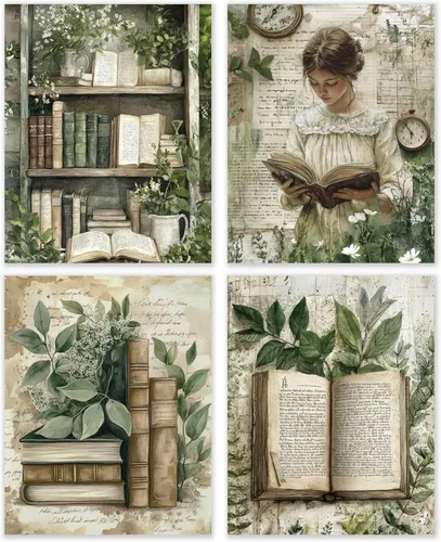 BESERH Decoración de pared de libros de naturaleza, impresiones artísticas de libros botánicos vintage, Cottagecore Plant Woman Reader Pósteres de