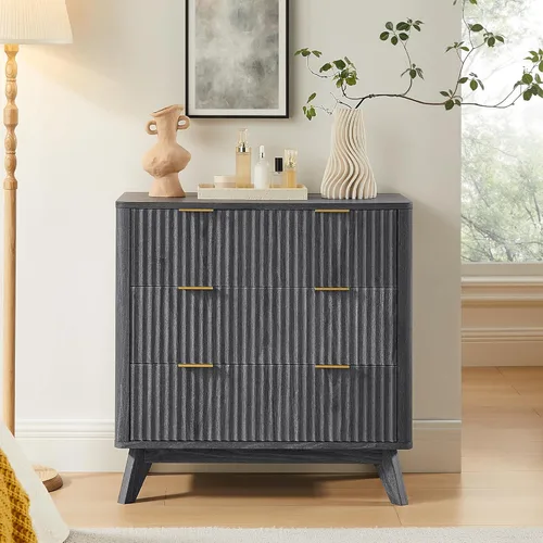 T4TREAM Cómoda acanalada de 3 cajones, cómoda moderna de 32 pulgadas de alto, diseño de perfil curvo, organizador de cajones de madera para Aliso